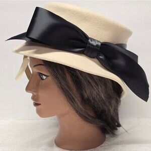 Joe Bill Miller Michael Howard Cream Wool VTG Cloche Bucket Hat Black Bow NWT